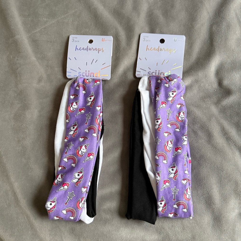 Scunci Kids Unicorn Headwrap Set - Purple, Black, White New headbands 2 packs